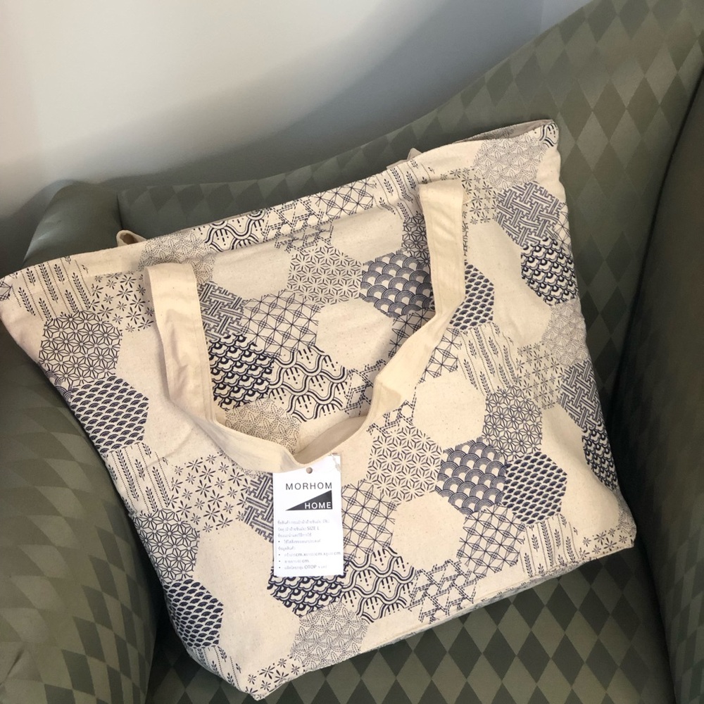 NWT Morhom Home Blue Patchwork Canvas Tote Bag L